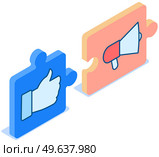 Megaphone icon on puzzle block, loudspeaker sound amplification device on white background. Thumb up icon. Hand gesture, clenched fist and finger raised up on puzzle block vector illustration. Megaphone and thumb up icon, ok sign, loudspeaker sound amplification device on white background. Стоковая иллюстрация, агентство Ingram Publishing / Фотобанк Лори