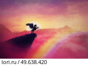 Beautiful pegasus painting, wild winged unicorn silhouette on the edge of a precipice. Fabulous sunset in a pink paradise, magic dreamland scene with a surreal creature over the rainbow. Стоковое фото, агентство Ingram Publishing / Фотобанк Лори