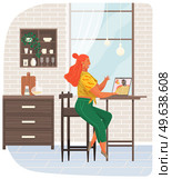 Young girl communicates with friend via video communication. Working video call, online communication. Woman uses laptop to talk to man. People have dialogue online, communcate via Internet. People have dialogue online, communcate via Internet. Video call using laptop vector illustration. Стоковая иллюстрация, агентство Ingram Publishing / Фотобанк Лори