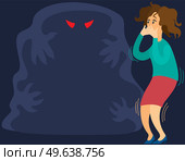 Fear of darkness concept. Woman scared of spooky monster from nightmare. Person is afraid of ghost. Girl tries not to scream at sight of monster, ghost in dark. Nightmare, fear of dark, phobia. Woman scared of spooky monster from nightmare. Person is afraid of ghost, fear of dark, phobia. Стоковая иллюстрация, агентство Ingram Publishing / Фотобанк Лори