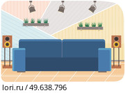 Arrangement of furniture in workplace of interviewer. Furniture elements and decorations of interior vector illustration. Interior design of room for interviews, broadcasts, podcasts in studio. Arrangement of furniture in workplace of interviewer. Interior design of room for broadcast, podcast. Стоковая иллюстрация, агентство Ingram Publishing / Фотобанк Лори
