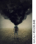 Surreal painting of a depressed person with exploded and fuming head. Man shattering black smoke out of head. Emotional crisis metaphor, mental burnout and brain explosion. Depression, despair concept. Стоковое фото, агентство Ingram Publishing / Фотобанк Лори