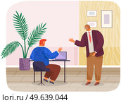 Office workers male characters meeting, discussing matters at table with laptop considering plan. Business people dressed in formal clothes are talking, communicating. Employee is consulting with chef. Office workers male characters meeting, discussing matters at table, considering business plan. Стоковая иллюстрация, агентство Ingram Publishing / Фотобанк Лори