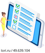 Online form survey on tablet screen. Woman checks blank. Girl thinking about answers. Femail character looks at quiz exam paper document. Businesswoman is checking correctness of questionnaire form. Online form survey on tablet screen. Woman checks blank. Girl thinking about answers in list. Стоковая иллюстрация, агентство Ingram Publishing / Фотобанк Лори