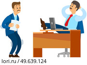 Office worker is afraid of strict boss sitting at table. Stress at work. Subordinate is afraid to submit report to chief. Employee made mistake in document and fears to confess to boss, problems. Office worker is afraid of boss. Stress at work. Subordinate is afraid to submit report to chief. Стоковая иллюстрация, агентство Ingram Publishing / Фотобанк Лори