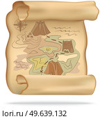 Retro map for robbers adventures. Island with old chest. Pirate map treasure, travel adventure. Geographic paper for searching gold coins. Adventurer attribute, navigation paper with travel path. Old treasure map for pirate adventures. Island with old chest. Pirate map treasure, travel adventure. Стоковая иллюстрация, агентство Ingram Publishing / Фотобанк Лори