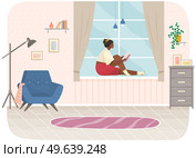 Young woman sitting on windowsill at home looking out window, relaxing reading book in evening. Female character rest in cozy interior. Spend time at home enjoy free time, dream, rest after work. Young woman sitting on windowsill at home looking out window, relaxing reading book, rest after work. Стоковая иллюстрация, агентство Ingram Publishing / Фотобанк Лори