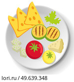 Grilled vegetables on plate. Tomato, squash, cheddar and brie platter. Healthy dish of fresh food. Dish for restaurant, dishware with food. Assorted vegetables and cheese on plate vector illustration. Assorted grilled vegetables and cheese on plate. . Tomato, squash, cheddar and brie platter. Стоковая иллюстрация, агентство Ingram Publishing / Фотобанк Лори