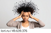 Frustrated woman with chaotic scribbles above her head symbolizing overthinking, mental overwhelm, anxiety or stress in personal or professional life. Стоковое AI-изображение, AI-художник Igor Tichonow / Фотобанк Лори