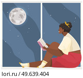 Young woman sitting on windowsill at home looking out window, relaxing reading book in evening. Female character rest in cozy interior. Spend time at home enjoy free time, dream, rest after work. Young woman sitting on windowsill at home looking out window, relaxing reading book, rest after work. Стоковая иллюстрация, агентство Ingram Publishing / Фотобанк Лори