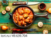 Ragout with fried meat and mushrooms. Beef stroganoff from pork.Beef stroganoff with mushrooms in a creamy sauce. Meat with mushrooms, Beef stroganoff. Стоковое фото, агентство Ingram Publishing / Фотобанк Лори