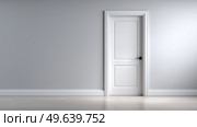 White door in a minimalistic room with grey walls and wooden floor. Белая дверь в минималистичной комнате с серыми стенами и деревянным полом. Стоковое AI-изображение, AI-художник Katsiaryna Repich / Фотобанк Лори