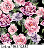 Watercolor pattern with flowers anemon, peonies,roses,  buds and petals. Illustration. Watercolor pattern with flowers anemon, peonies,roses,  buds and petals. Стоковое фото, агентство Ingram Publishing / Фотобанк Лори