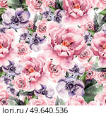 Watercolor pattern with flowers anemon, peonies,roses,  buds and petals. Illustration. Watercolor pattern with flowers anemon, peonies,roses,  buds and petals. Стоковое фото, агентство Ingram Publishing / Фотобанк Лори