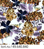 Colorful watercolor pattern with flowers hydrangea , hibiscus , iris and bird . Illustration. Colorful watercolor pattern with flowers hydrangea , hibiscus , iris and bird . . Стоковое фото, агентство Ingram Publishing / Фотобанк Лори