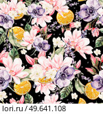 Colourful watercolor pattern with flowers of lavender, magnolia, anemones, and orange fruits. Illustrations.. Colourful watercolor pattern with flowers of lavender, magnolia, anemones, and orange fruits. . Стоковое фото, агентство Ingram Publishing / Фотобанк Лори