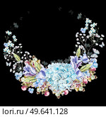 Beautiful watercolor wreath with eucalyptus branches and hydrangea flowers, eustomiya, wildflowers, saskatoon berries.  Illustrations.. Beautiful watercolor wreath with eucalyptus branches and hydrangea flowers, eustomiya, wildflowers, saskatoon berries. . Стоковое фото, агентство Ingram Publishing / Фотобанк Лори