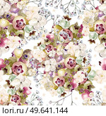 Beautiful watercolor pattern with hydrangea, wildflowers and berries saskatoon. Illustrations.. Beautiful watercolor pattern with hydrangea, wildflowers and berries saskatoon. . Стоковое фото, агентство Ingram Publishing / Фотобанк Лори