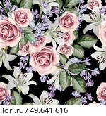Bright watercolor seamless pattern with flowers lilies, roses and lilacs. illustrations. Bright watercolor seamless pattern with flowers lilies, roses and lilacs. . Стоковое фото, агентство Ingram Publishing / Фотобанк Лори