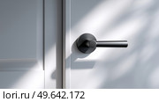 Modern door handle on white door with soft shadows in natural light. Современная дверная ручка на белой двери с мягкими тенями при естественном освещении. Стоковое AI-изображение, AI-художник Katsiaryna Repich / Фотобанк Лори