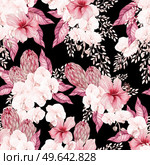 Watercolor wedding pink tropical seamless pattern with Exotic flowers, orchid, protea and leaves. Illustration. Watercolor wedding pink tropical seamless pattern with Exotic flowers, orchid, protea and leaves. Стоковое фото, агентство Ingram Publishing / Фотобанк Лори