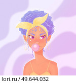 Beautiful young woman with purple curly hair, blowing a bubble gum, headscarf and yellow summer dress. Confident girl on purple background. Colorful illustration. . Стоковое фото, агентство Ingram Publishing / Фотобанк Лори