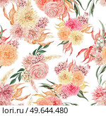 Watercolor seamless pattern with autumn flowers chrysanthemums, ranunculus, berries and leaves. Illustration. Watercolor seamless pattern with autumn flowers chrysanthemums, ranunculus, berries and leaves. . Стоковое фото, агентство Ingram Publishing / Фотобанк Лори