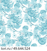 Watercolor seamless pattern with autumn flowers chrysanthemums, ranunculus, berries and leaves. Illustration. Watercolor seamless pattern with autumn flowers chrysanthemums, ranunculus, berries and leaves. . Стоковое фото, агентство Ingram Publishing / Фотобанк Лори