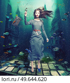 girl swims through the flooded city. Creative photo  mix. Стоковое фото, агентство Ingram Publishing / Фотобанк Лори