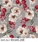 Elegant seamless pattern with peonies, roses and eucalyptus leaves. Illustration. Elegant seamless pattern with peonies, roses and eucalyptus leaves. . Стоковое фото, агентство Ingram Publishing / Фотобанк Лори