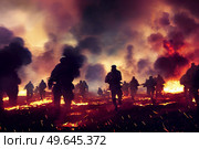 Soldiers siluettes on battlefield, fire and smoke clouds in background. Soldiers on battlefield. Стоковое фото, агентство Ingram Publishing / Фотобанк Лори