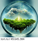 save the green planet concept with green Earth under blue sky in protecting shell, 3D illustration. green planet concept. Стоковое фото, агентство Ingram Publishing / Фотобанк Лори