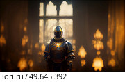 Knight in castle hall, in black and golden armor. Knight in front of castle. Стоковое фото, агентство Ingram Publishing / Фотобанк Лори