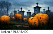 halloween scene with scary burning pumpkins jack o lanterns on a cemetery ground. Halloween scene on orange background. Стоковое фото, агентство Ingram Publishing / Фотобанк Лори