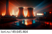 Nuclear plant illuminated in night illustration, nuclear energie industry. Nuclear plant illustration. Стоковое фото, агентство Ingram Publishing / Фотобанк Лори