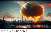Nuclear bomb explosion, mushroom cloud over city, 3D illustration. Nuclear bomb explosion. Стоковое фото, агентство Ingram Publishing / Фотобанк Лори