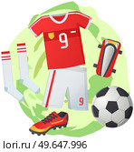 Soccer symbols set, sport football vector banner. Uniform and awards isolated on white, scoreboard and stadium, stopwatch whistle, gate ticket, ball penalty field, clothes and shoes, team championship. Soccer symbols set, sport football vector banner. Uniform and awards isolated, team championship. Стоковая иллюстрация, агентство Ingram Publishing / Фотобанк Лори