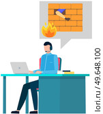 Blocking hacker attack. Hacker breaks into PC. Cyber attacker trying to hack computer. Breaking system, virus, cracking software, cartoon vector. Man is plotting to hack computer protection system. Man is plotting to hack computer protection system. Cyber attacker trying to crack software. Стоковая иллюстрация, агентство Ingram Publishing / Фотобанк Лори
