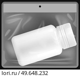 Transparent plastic bag with medicine container. Stretched polyethylene mockup. Jar with pills in plastic packaging isolated on transparent background. Polyethylene packaging for storing medications. Transparent plastic bag with medicine container. Jar with pills in polyethylene packaging. Стоковая иллюстрация, агентство Ingram Publishing / Фотобанк Лори