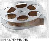 Cinema movie and photography film strip wound on bobbin, vector flat element in vintage style. Cinema strip isolated icon with recorded film on tape, cinematography retro photo roll with frames. Cinema movie and photography film strip wound on bobbin, vector flat element in vintage style. Стоковая иллюстрация, агентство Ingram Publishing / Фотобанк Лори