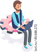 Operating system maintenance for web design. Adjusting app, setting options, repair, fixing. Man with laptop working with settigns program. Phone customization application development with computer. Phone customization application development with computer. Adjusting app, setting options. Стоковая иллюстрация, агентство Ingram Publishing / Фотобанк Лори