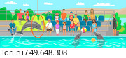 Dolphin showing trick, jumping through hoop in dolphinarium. Dolphin plays, does tricks for spectators. Show on water, performance in oceanarium. Viewers watch marine mammal performing in pool. Dolphin is showing trick, jumping through hoop, performing in dolphinarium for spectators. Стоковая иллюстрация, агентство Ingram Publishing / Фотобанк Лори