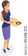 Adjusting app, setting options, maintenance, repair, fixing. Colorful square button with gears. Woman holding phone customization application icon, mobile app template. Phone settigns development. Woman holding phone customization application icon. Adjusting app template, setting options. Стоковая иллюстрация, агентство Ingram Publishing / Фотобанк Лори