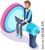 Online business advertising and outbound marketing concept. Man works with online advertising. Freelancer sitting on loudspeaker and working with laptop. Internet marketing using technology. Man works with online advertising. Freelancer sitting on loudspeaker and working with laptop. Стоковая иллюстрация, агентство Ingram Publishing / Фотобанк Лори