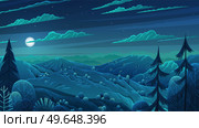 Natural night landscape background with hills dark blue sky and clouds mounds overgrown with grass, trees and bushes in forest. Beautiful unspoilt nature tourist area, summertime, adventure time. Natural night landscape background with hills dark blue sky and clouds mounds overgrown with grass. Стоковая иллюстрация, агентство Ingram Publishing / Фотобанк Лори