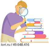 Male chatacter using magnifying glass looking at stack of books, person with loupe isolated on white background. Student, businessman in search, carefully examines details. Marketing research. Male chatacter using magnifying glass looking at stack of books, person with loupe isolated on white. Стоковая иллюстрация, агентство Ingram Publishing / Фотобанк Лори