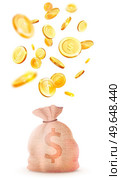 Large cloth bag with dollar symbol. Sack with coins as symbol of wealth and success. Container with money isolated on white background. Income and high earnings in cash. Dollar coins fall into bag. Large cloth bag with dollar symbol coins fall into bag. Sack with money symbol of wealth and success. Стоковая иллюстрация, агентство Ingram Publishing / Фотобанк Лори