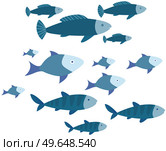 Set of small and large blue marine fish swim on white background. Cartoon nautical characters live in ocean. Wild nature of aquatic environment. Underwater animal life, fingerling, school of sea fish. Set of small and large blue marine fish swim on white background. Cartoon nautical characters. Стоковая иллюстрация, агентство Ingram Publishing / Фотобанк Лори