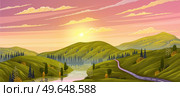 Natural landscape background with mountains at down, clear sky and clouds, river flows along winding road. Mountain river descends from peaks and flows through rocky valley. Beautiful nature scenery. Natural landscape background with mountains at down, clear sky and clouds, river flows along road. Стоковая иллюстрация, агентство Ingram Publishing / Фотобанк Лори