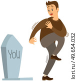 Male character suffering from fear of death near stone plate isolated on white background. Guy looking at tombstone is afraid to die. Man frightened of death. Thanatophobia, fear of dying concept. Man suffering from fear of death near stone plate. Thanatophobia, phobia of dying concept. Стоковая иллюстрация, агентство Ingram Publishing / Фотобанк Лори